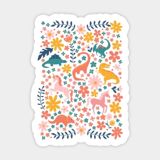 Floral Burst of Dinosaurs + Unicorns in Pink Sticker